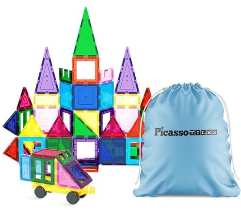 PicassoTiles Magnet-Bausteine ​​mit Auto-Basis, Aufbewahrungstasche mit Kordelzug, Reisetasche, Tragetasche, Magnet-Bausteine, Konstruktionsspielzeug, STEM-Lernset, Bildungsset 3+, PC61