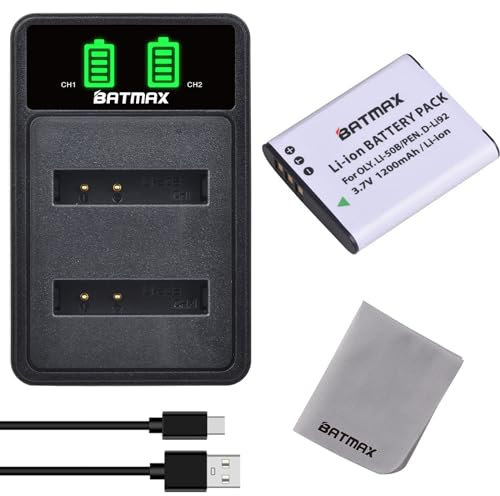Batmax LI-50B Akku und USB Ladegerät für Pentax D-Li92, Olympus Tough TG-1 iHS TG-2 iHS TG-3 TG-4 SH50 iHS SH60 XZ-2 iHS Stylus Tough 6020 8000 8010 6000 6020