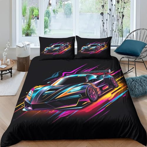 CGLTD Laufendes Auto Bettwäsche Set 3D Sportwagen Bettbezüge 3 Teilig Mikrofaser Bettbezug Set Mit Reißverschluss Und Kissenbezug Für Kinder Erwachsene King(220x240cm)