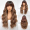 EMMOR Ombre Braun Blonde Highlight-Perücken mit Pony, lockige synthetische Damenperücke, lange hitzebeständige Perücke für den täglichen Gebrauch, natürlich und bequem