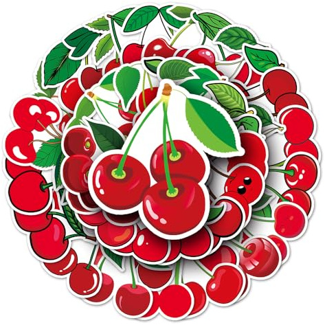 Red Cherry Vinyl Stickers, 50 PCS Waterproof Cartoon Fruit Decals for Laptops, Scrapbooking, Journals, Notebooks, Water Bottles, Suitcases, Phones & DIY Decor