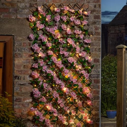 Faux Cherry Blossom Trellis with 50 Solar Powered LED Lights - Weather & UV Resistant Vertical or Horizontal Outdoor Garden Wall Fence Light Up Decoration with Artificial Pink Flowers - H180 x W60cm
