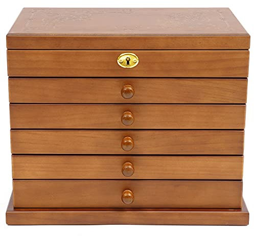 TFIANYNI 6 Lagen Schmuckaufbewahrung Schmuckbox Aus Holz, Rechteckig, Vintage Schmuckkasten Groß Stehend Schmuckschatulle, Geschenk (Braun, Mit Spiegel+Schlüsselschloss)