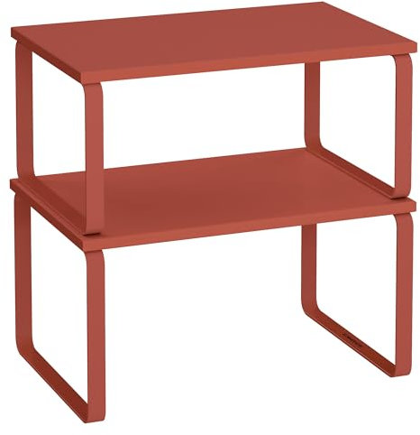SONGMICS Estante para Especias, Juego de 2, Organizador de Armario, Estante de Almacenamiento de Cocina Extensible, Especiero de Metal y Madera de Ingeniería, Rojo Mandarín KCS002Y02