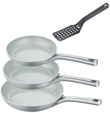 Berndes Pfannen Set b.free 4tlg. - frypan 20 cm, 24 cm & 28 cm – mit Pfannenwender – aus recyceltem Aluminium - allherdtauglich - Bratpfanne mit Antihaftbeschichtung –– Quarzversiegelung – ohne PFAS