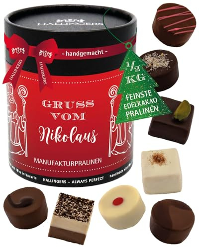 Hallingers Genuss Manufaktur Pralinen Weihnachts-Geschenk - ohne Alkohol, handmade aus Confiserie-Edelkakao in wertiger XXL-Geschenkdose Gruß vom Nikolaus, Weihnachten für Frauen Männer