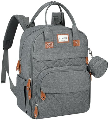 LANDICI Baby Changing Bag Backpack, Large Nappy Changing Backpack Diaper Bags with Changing Mat, Stroller Straps and Pacifier case, Multifunction doll Changing Bag for Mum Dad Boy Girls, Grey