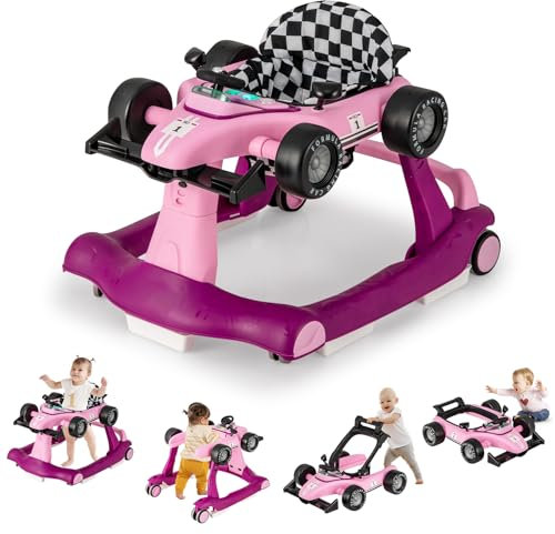 DREAMADE 4 en 1 Trotteur Bébé avec Hauteur&Vitesse Réglable Trotteur Marche Pliable Garçon Fille 6-18 Mois avec Roue Universelle Silencieuse&Musique&Lumière Charge 12 KG (Rose+Violet)