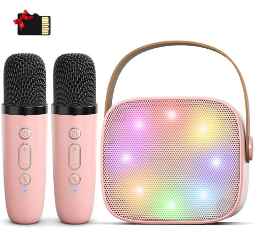 voijump Mini Karaoke Machine for Kids Adults,Portable Bluetooth Speaker with 2 Wireless Microphones,MP3 Music Player for Girls Toys 3-11,12+ Years Old,Gifts for Family Home Birthday Party (Pink)