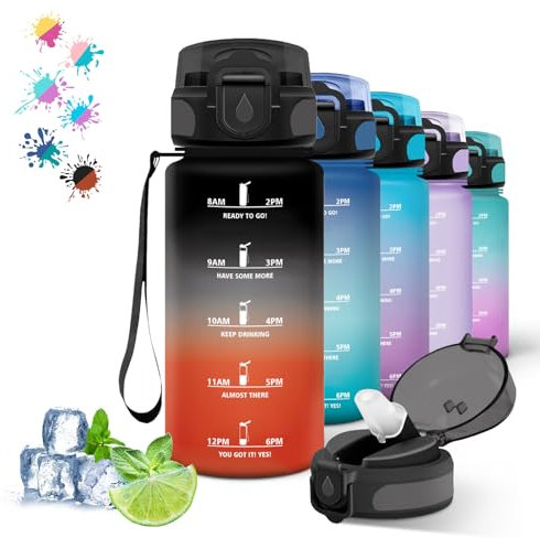 Borraccia, Borraccia Bambini, Borraccia 0,5 Litri con Scala Temporale, Facile da Pulire, Borraccia 500ml con Cannuccia, Borraccia Motivazionale, Borracce per Scuole, Campeggio, Viaggio, Nero-Rosso