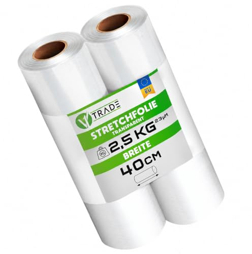 V1 Trade Stretchfolie Transparent - 2x Stretchfolienrolle 350m x 40 cm | Verpackungsfolie 23my, Umzugsfolie für möbel, 2 Rollen