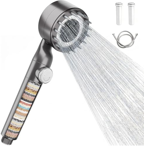 WELDUN Hard Water Filter Shower Head, High Pressure Shower Head with 20 Stage Filter, 1.5M Shower Hose, Bathroom Massage Handheld Shower Heads with 3 Mode, Water Level Regulation Bottom, Gray