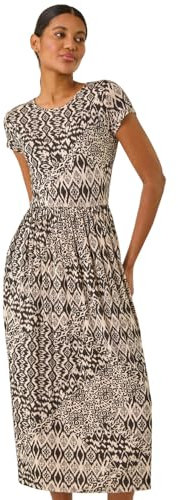 Roman Originals Midi Dress with Pockets for Women UK Ladies Stretchy Jersey Maxi Long Short Sleeve Elasticated Gathered High Waist Boho Flattering Skater Swing Fit Flare - Abstract Black - Size 14