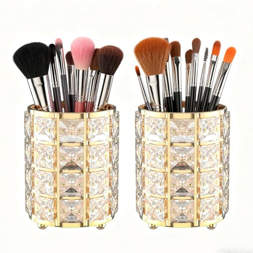 LUGUNU Personalized Makeup Brush Holder Organizer with Golden Crystal Bling, Vanity Storage Box for Pen, Pencil, and Brush Holder (Crystal Pot-Gold-2Pack)