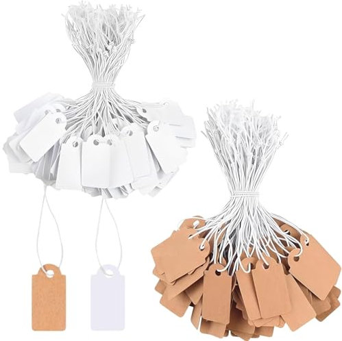 Lot de 200 petites étiquettes de prix avec cordon élastique - 26 x 13 mm - Étiquettes à suspendre pour bijoux, cadeaux, Noël (blanc et marron)