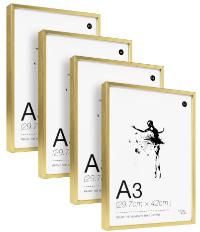 LIVINGTASTE 4 Stück Bilderrahmen A3 - Aluminium Gold Rahmen | gebürstet mit gehärtetem Glas fur 29.7x42 cm Fotos Fotorahmen für Poster und Wohnzimmer Kinderzimmer Deko Galerie