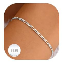 DORANA 3mm Thick Sterling Silver Bracelet for Women 925 Silver Figaro Chain Bracelet Ladies Bracelets Dainty Figaro Chain Bracelets Gift for Her