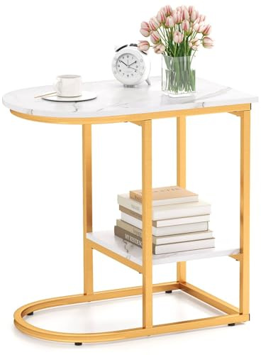 Multigot C-Shaped End Table, Faux Marble/Industrial Snack Sofa Side Table Nightstand with Storage Shelf, 2-Tier Metal Frame Bedside Accent Couch Tables for Living Room Bedroom (White + Gold)