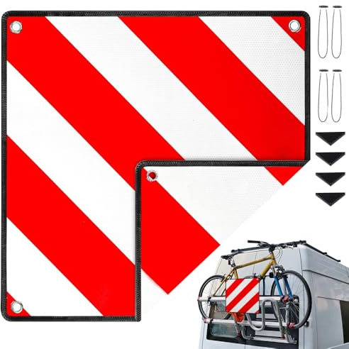Lotvic Panneau d'avertissement en aluminium réfléchissant avec 4 tendeurs - 50 x 50 cm - Rouge et blanc - Certifié pour porte-vélos, porte-vélos, voiture, camping-car
