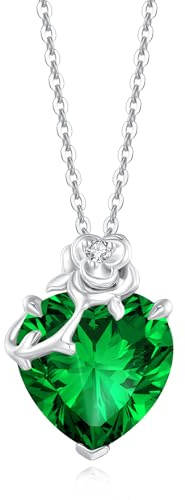 FANCIME Emerald Necklace, 14K Solid White Gold Rose Pendant with Sterling Silver Chain May Birthstone Heart Green Gemstone Christmas Fine Jewellery Gifts for Women Her