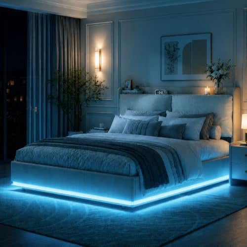 Polsterbett 160x200 mit LED und USB, Doppelbett 160x200 mit Stauraum Bett mit Bettkasten Polsterbett Bettgestell mit Kopfteil Hydraulisches Bett mit Lattenrost (Cremeweiß, Flanell-B, 160x200 cm)
