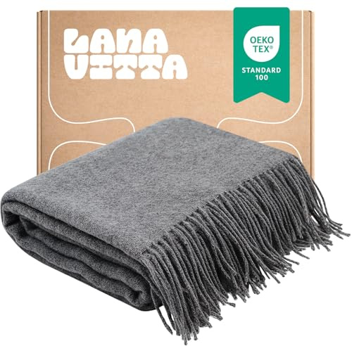 Lanavitta – Wolldecke „Melange“ – Tagesdecke & Bettüberwurf – 100 % Neuseeland-Wolle, Warmer Sofa-Plaid – Grau – 140x200 cm