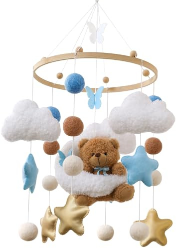Ueiwffzo Wolken Bär Mobiles Baby, Filz Windspiel Babybett mit Bär Plüschtiere, Mond Baby Mobile Bettglocke Baby Wickeltisch Anhänger für Neugeborene Geschenk, Babyzimmer Decor