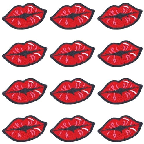 GORGECRAFT 12 Stück Rote Lippen Bestickte Aufnäher 65x35mm Zum Aufbügeln/Aufnähen Applikation Kuss Aufkleber Dekorative Abzeichen Stickflicken Für Heimwerker Nähen Basteln Kleidung Jeans Jacken Hüte