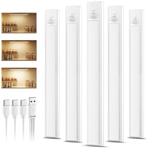 daphomeu 5 Stück wiederaufladbare Unterbauleuchte Küche led, 30cm Dimmbare Warme Schrankbeleuchtung, Nachtlicht mit Bewegungsmelder Innen, Bewegungsmelder Licht für Küche, Treppen und Kleiderschränke