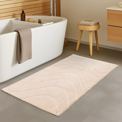 carpet city Badteppich Beige 50x90 cm - Badematte rutschfest & Waschbar - Einfarbig, Wellen-Muster in 3D-Optik - Weich & Soft-Touch Haptik - Duschvorleger Badezimmer