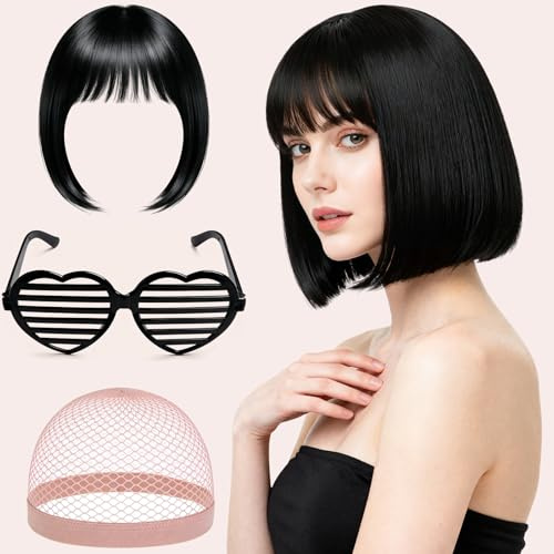Perücke Damen Fasching Perücken Schwarz - PerrüCke Frauen Kurz, Perücke Karneval Wig Set mit Haarnetz und Bunte Brille für Karneval Cosplay Kostüm Party, Strahlende Farbe, Geschmeidiges Haar