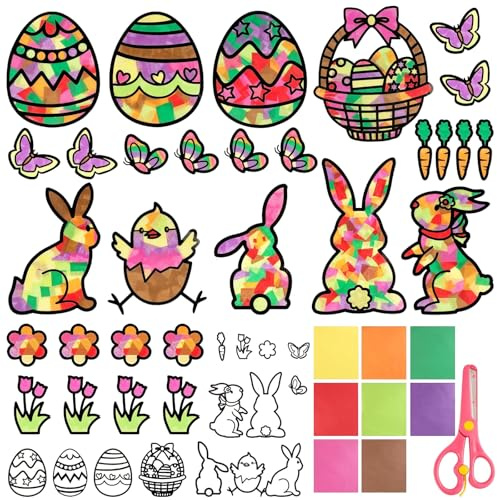 29 Stück Basteln Ostern Kinder Fensterbilder Ostern Basteln Frühlings Kinder Osterdeko Fensterbilder Bastelns für Ostern Fenster Frühlingsdeko mit Buntglas Effekt Osterns Geschenke
