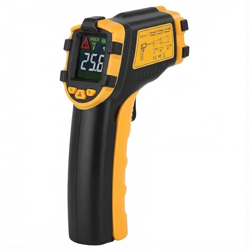 Thermomètre Infrarouge, Thermomètre Laser Professionnel LCD Couleur Data Hold, Pistolet Thermomètre 0.5s 12:1-50°C à 390°C Cuisine HVAC Barbecue, Noir/Orange