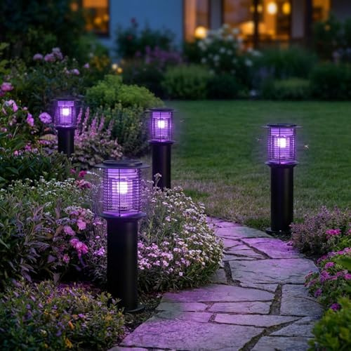ideoon 2er-Set Solar Gartenlampe mit Mückenvernichter aus Edelstahl, 2in1 LED Wegeleuchte Schwarz, Warmweiss 300lm & UV Insektenschutz 15lm, IP44, 25 x 60 cm