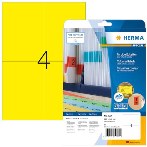 HERMA 4561 Farbige Etiketten gelb ablösbar, 20 Blatt, 105 x 148 mm, 4 pro A4 Bogen, 80 Stück, selbstklebend, bedruckbar, matt, blanko Papier Farbetiketten Aufkleber