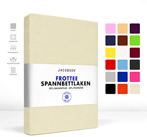 Jacobson Premium FROTTEE Spannbettlaken Spannbetttuch Bettlaken Baumwolle ca. 200g/m² (180-200x220cm + 40cm, Natur)