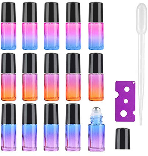 15Pcs, 5Ml Essential Oil Roll on Bottles - JamHooDirect Refillable Rainbow Glass Roller Bottles with Stainless Steel Roller Balls & Black Caps & Bottle Opener, Perfect for Aromatherapy, Fragrance