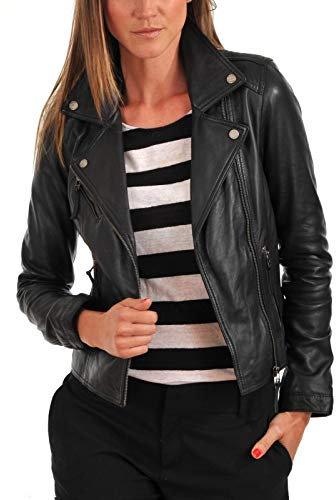 Leather Fair Damen Lederjacke Bomber Motorrad Biker Echtes Lammfell Leder Jacke für Damen, Schwarz_57, M