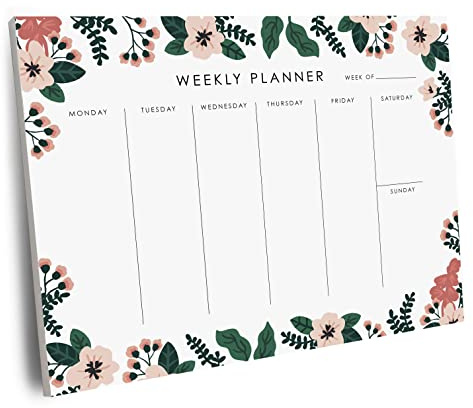 Wochenplaner-Notizblock, 22,9 x 17,8 cm, 52 Blatt zum Abreißen, undatierter Schreibtischplaner, Kalender, Notizblock, Organizer für wöchentliche To-Do-Liste, Notizen und Zeitpläne (floral)