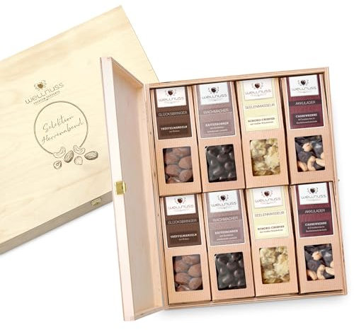 WELLNUSS Geschenkset für Männer Herrenabend - Best of Chocolate | 8 Nussmischungen mit Schokolade in der Birkenholzbox (8 x 60-70 g) | Geschenk für Mann, Freund, Papa, Opa zum Geburtstag, Vatertag