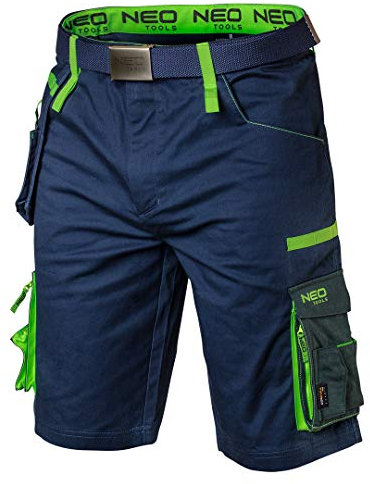 NEO TOOLS Herren Premium Kurze Arbeitshose mit Hosengürtel, 62% Baumwolle, 35% Polyester, 3% Elasthan 270 g/m2, Gr. XS-3XL, abnehmbare Werkzeugtasche