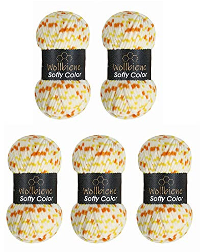 Wollbiene Softy Color 5 x 100 Gramm Chenillewolle Strickwolle, Babywolle, 500 Gramm Wolle Super Bulky (weiß-orange-gelb 116)