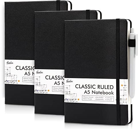 feela Notizbuch A5 liniert, 3 schwarze Notizbücher mit 3 Stiften, DIN A5 Hardcover Notebooks, 120 g/m², je 128 Seiten, 64 Blatt, Tagebuch, Business Notizbuch, Notizbuch für Männer, Frauen