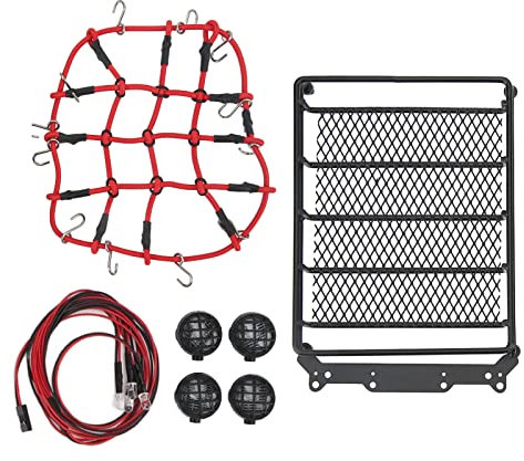 Dilwe RC Auto Dachträger mit LED, 2 Type, 2 rotes Licht 2 weißes Licht, für 1/10 1/12 1/14 Universal RC Auto, Detaillierte Simulation RC Gepäckträger mit Gepäcknetz LED-Leuchten(Runden)