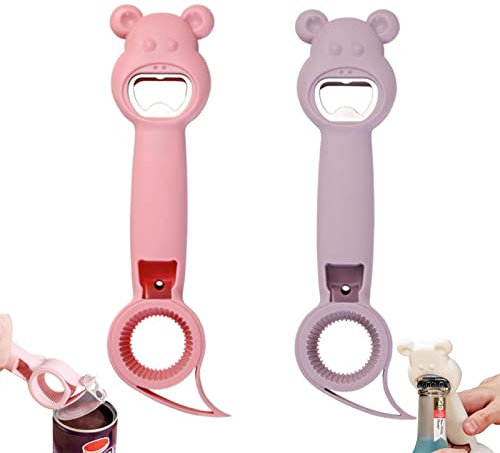 RIDENEEY 2 Pcs 4 in 1 Beer Bottle Opener,Cute Bear Bottle Opener,Multifunctional Comfy Handheld Can Beer Opener for Women,Child (Pink+Purple)