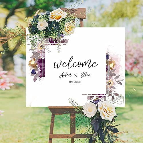Panneau de bienvenue de mariage - Couronne florale violette personnalisable - Panneau de mariage chic et rustique en bois pour cérémonie de mariage - Décoration de fête de mariage