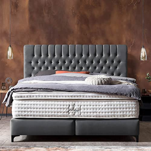 Premium Boxspringbett Chester 180x200 Velours, mit Visco-Topper, Hotelbett, ohne Bettkasten, 7 Zonen Taschenfederkern-Matratze, Aufbau KOSTENLOS (Dunkelgrau, 180x200 cm mit Topper)