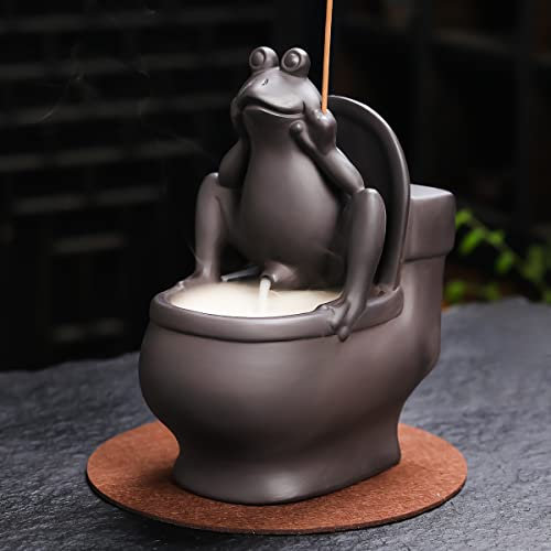 ChangWanna Frosch Räucherstäbchenhalter Brenner – Keramikkegel Rückfluss-Räuchergefäß Rauchbrunnen, zurückfließender Räucherstäbchen-Diffusor mit 45 Stäbchen und 15 Kegeln, Frosch-Ornament