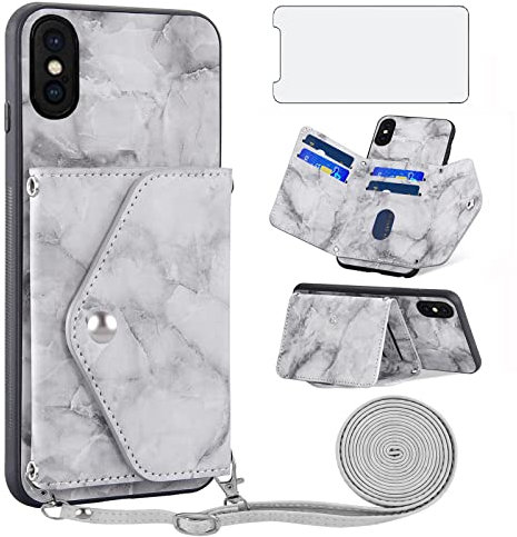 Asuwish Handyhülle für iPhone X Hülle mit Band und Glas Folie Schutzfolie Kartenfach Klappbar Kette Leder Geldbörse Ständer iPhoneXHülle iPhone10Hülle i 10 10x Handy Hüllen Schutzhülle Phone Case Grau