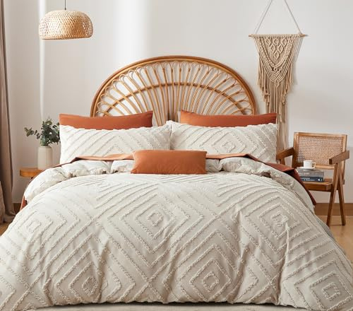 Lanqinglv Boho Bettwäsche 220x240 Beige Getuftet Exquisite Stickerei | ÖKO-TEX Zertifiziert,Aesthetic Bettwäsche für Allergiker,4 Jahreszeiten Set,Bettbezug 2 Kissenbezüge 80x80 mit Reißverschluss
